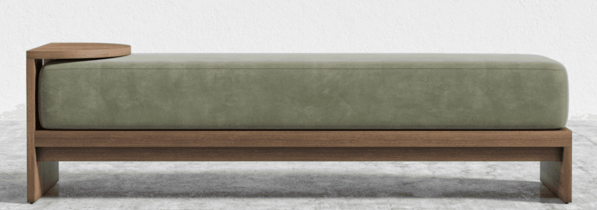A modern bench with a wooden frame and a plush, upholstered seat. The bench features a rectangular wooden base and legs. A small, rounded wooden shelf is attached to the top left corner of the frame, extending over the seat. — 3D model