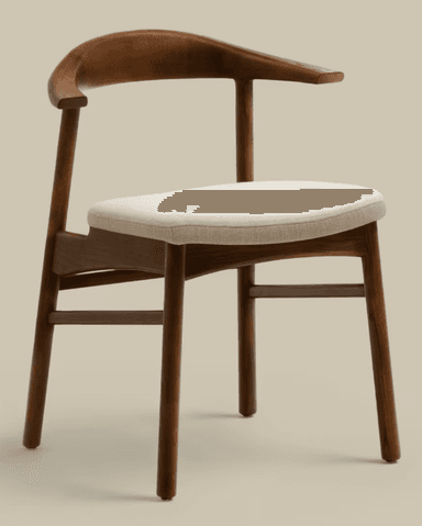 A modern dining armchair featuring a solid dark wood frame and a padded, light-colored fabric seat. The backrest is gently curved and seamlessly integrates with the armrests. The chair stands on four tapered wooden legs connected by horizontal stretchers for stability. — 3D model