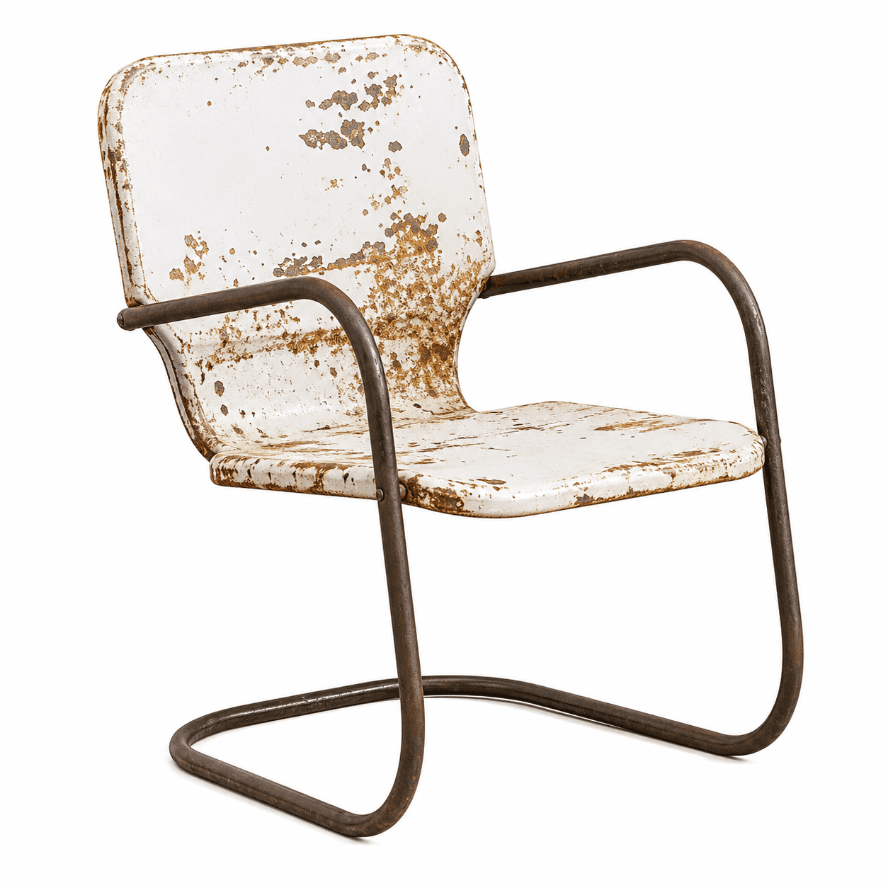 A heavily distressed industrial cantilever armchair featuring a white enameled sheet metal seat and back, supported by a bent tubular steel frame. The chair exhibits significant rust and chipped paint, giving it a vintage, weathered appearance. — 3D model