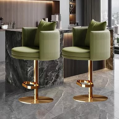 A modern swivel bar stool featuring a channel-tufted green upholstered seat and backrest, supported by a brass-finished pedestal base with a circular footrest and disc base. — 3D model