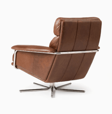 A brown leather armchair with a swivel base and a high back. The armchair features a polished metal frame and base, and the seat and back cushions are plush and appear to be filled with a soft material. The leather has a visible grain and a matte finish. — 3D model