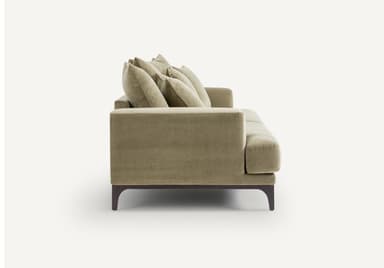 A contemporary sofa with a plush, upholstered finish. It features a three-seat configuration with deep cushions and multiple throw pillows for added comfort. The sofa is supported by dark, tapered legs, suggesting a modern or mid-century modern aesthetic. The upholstery appears to have a soft texture, possibly velvet or a similar fabric. — 3D model
