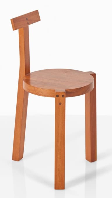 A minimalist wooden side chair with a round seat and an upright backrest, constructed from three vertical pieces of wood. — 3D model