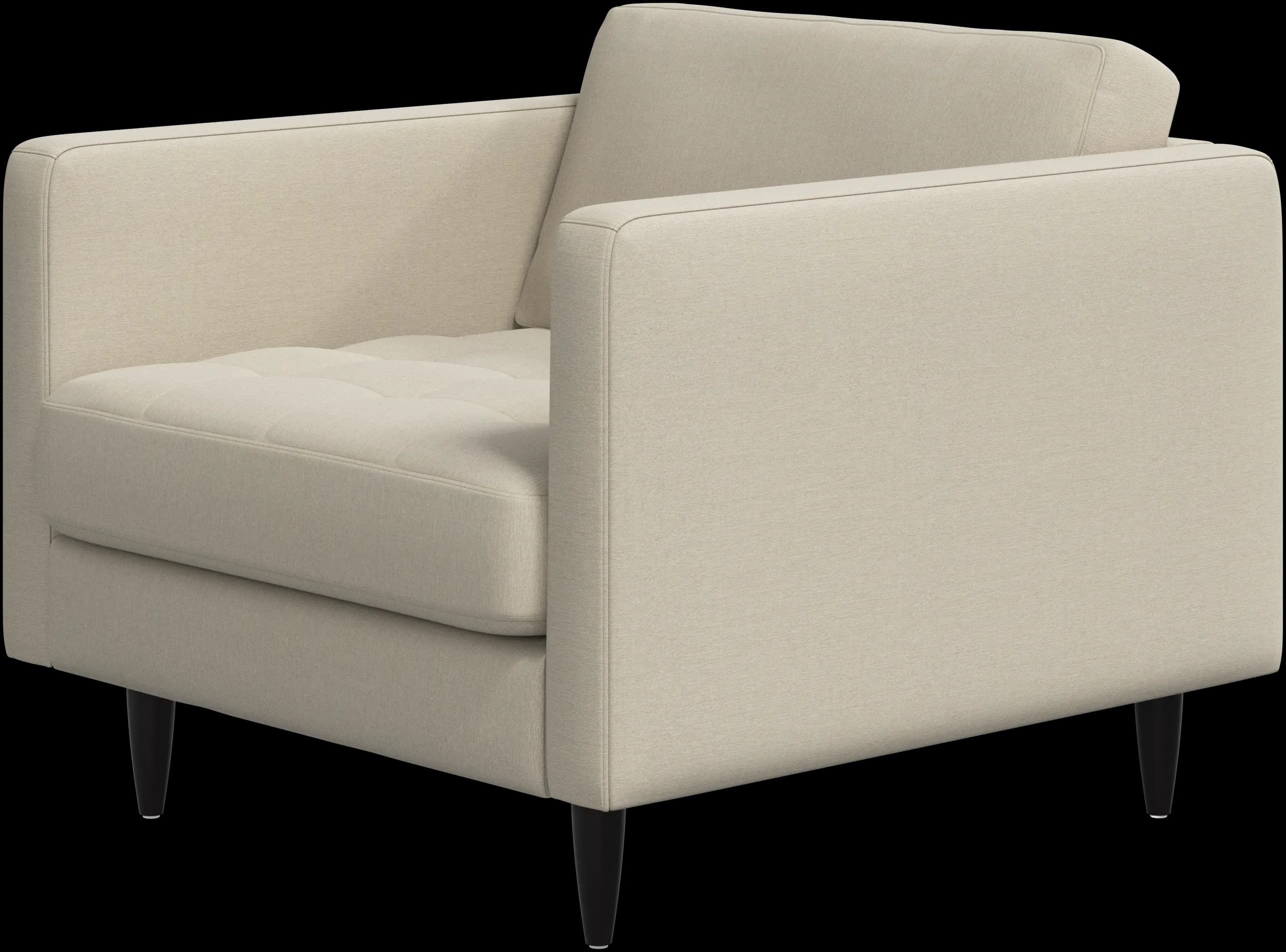 A contemporary upholstered armchair featuring a light beige fabric. The design includes square, fixed armrests and a loose back cushion, complemented by a neatly tufted seat cushion. The chair stands on four short, tapered dark legs. — 3D model