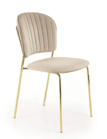 An armless chair featuring a channel-tufted backrest and a padded seat, both upholstered in a light beige velvet-like fabric. The chair stands on four slender, round, gold-toned metal legs. The backrest has a rounded top edge, contributing to a modern and elegant aesthetic. — 3D model