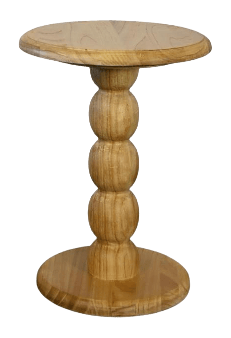 A light-colored wooden side table with a rounded top and a flared base. The pedestal base is composed of three spherical, stacked elements, creating a decorative and somewhat whimsical design. The wood grain is visible throughout the piece, suggesting a natural finish. — 3D model