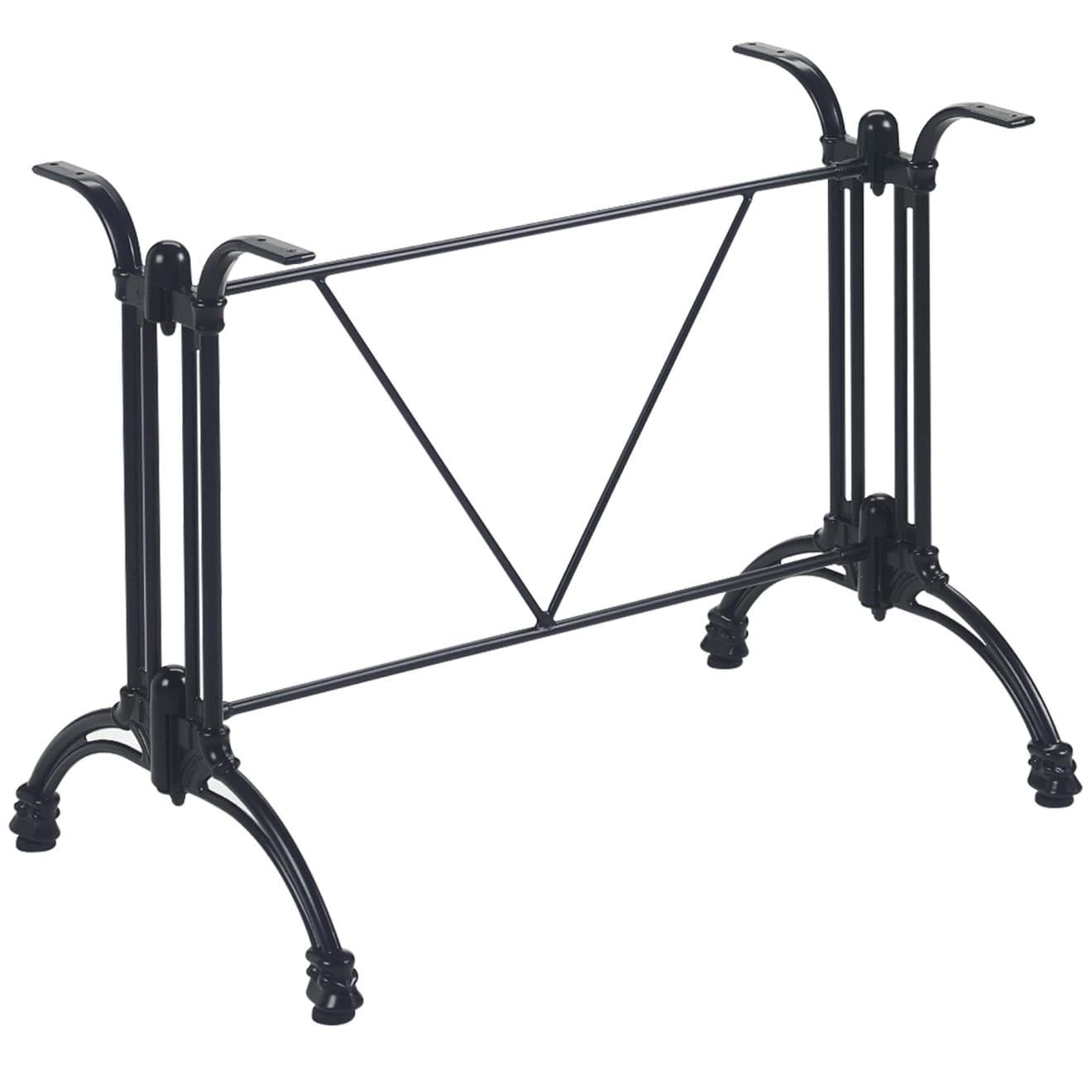 A black cast iron table base designed for a rectangular or oval tabletop, featuring classic bistro styling. It consists of two sturdy pedestal-like structures connected by a horizontal support bar and triangular cross-bracing for stability. Each pedestal has decorative feet and multiple vertical columns, topped with flat plates for tabletop attachment. — 3D model