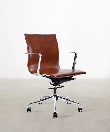 A stylish mid-century modern-inspired office chair featuring brown leather upholstery, a polished chrome frame, and a five-star swivel base with caster wheels. The chair has open, cantilevered armrests integrated into the frame. The seat and backrest are padded and contoured, suggesting comfort for desk work. — 3D model