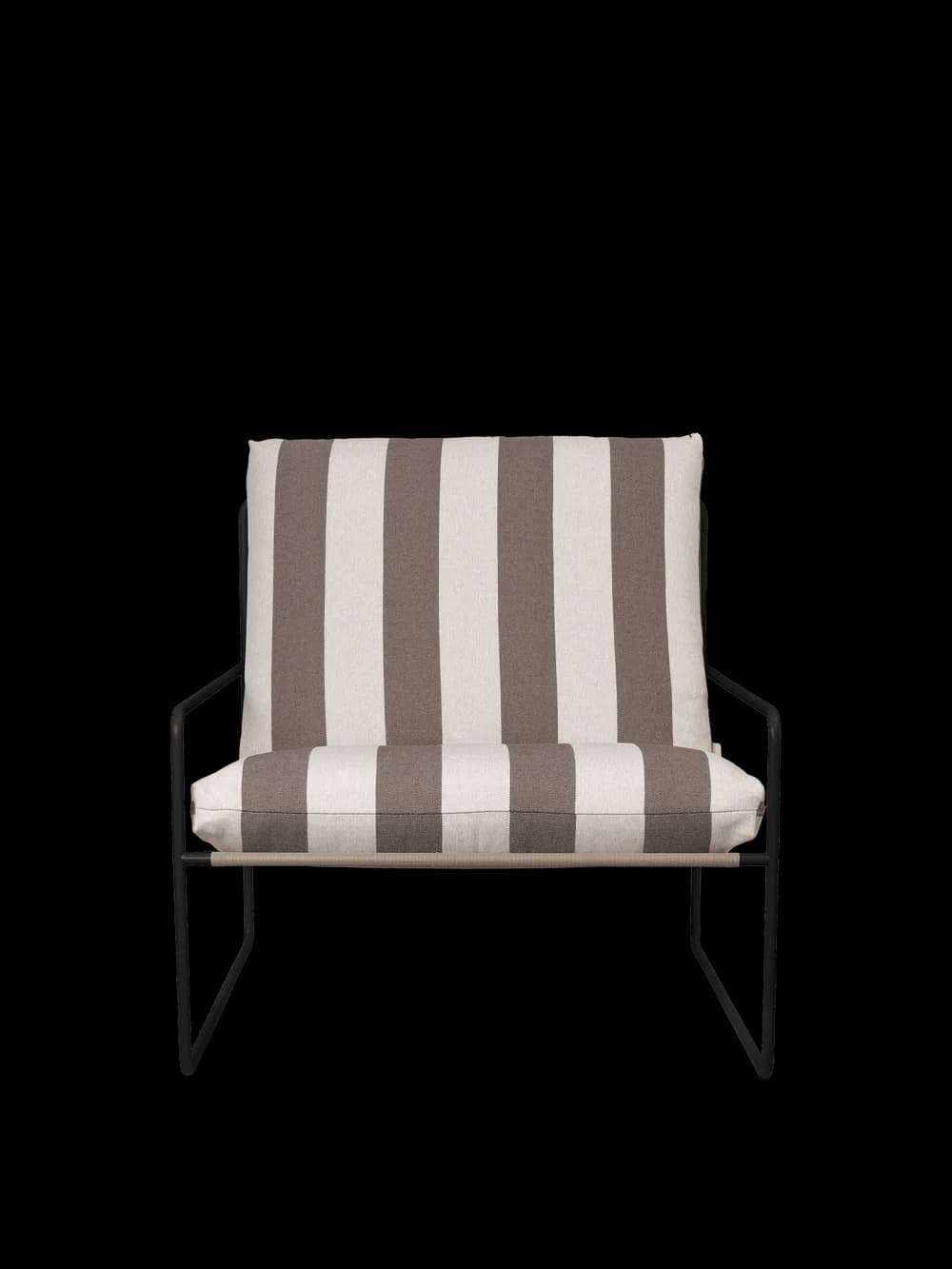 A modern lounge chair featuring a minimalist black metal frame and thick, striped fabric cushions in beige/taupe and white. — 3D model