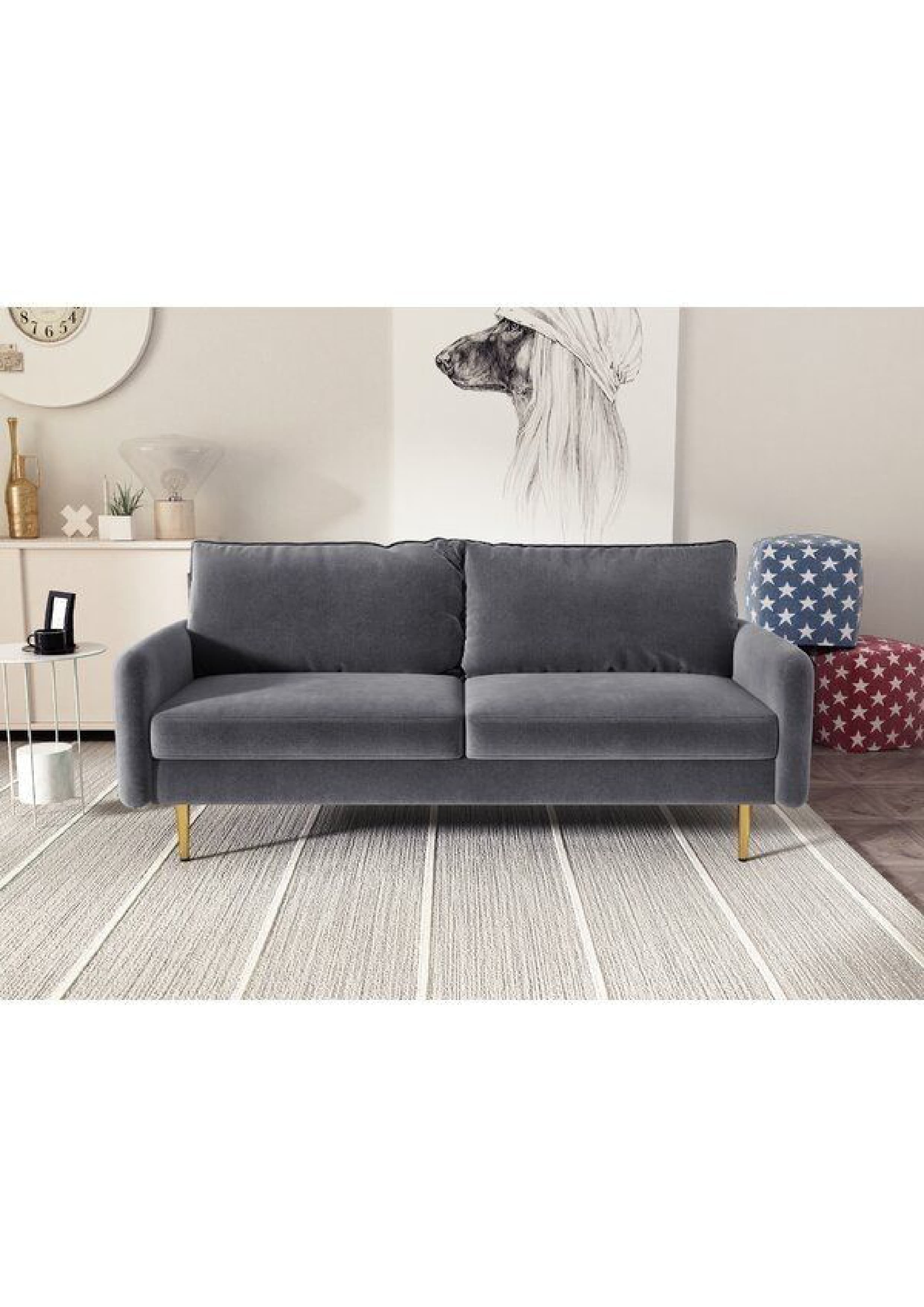A contemporary two-seater sofa featuring a clean-lined silhouette, track arms, and plush, removable seat and back cushions. It is upholstered in a dark grey fabric, possibly velvet or a similar soft textile, and supported by slender, tapered metallic legs with a gold or brass finish, adding a touch of elegance. — 3D model