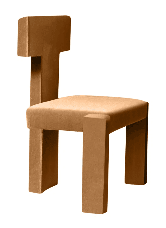 A minimalist, armless chair with a distinctive block-like construction, fully upholstered in a textured tan fabric. The seat, backrest, and legs are integrated into a single, cohesive geometric form. — 3D model