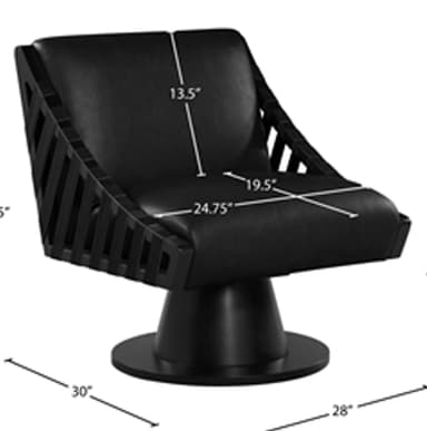 A black contemporary armchair with a unique slatted wooden outer frame, upholstered seat and backrest, and a solid round pedestal swivel base. — 3D model