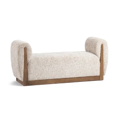A modern upholstered bench featuring a distinct cylindrical bolster backrest, set on a wooden frame. — 3D model