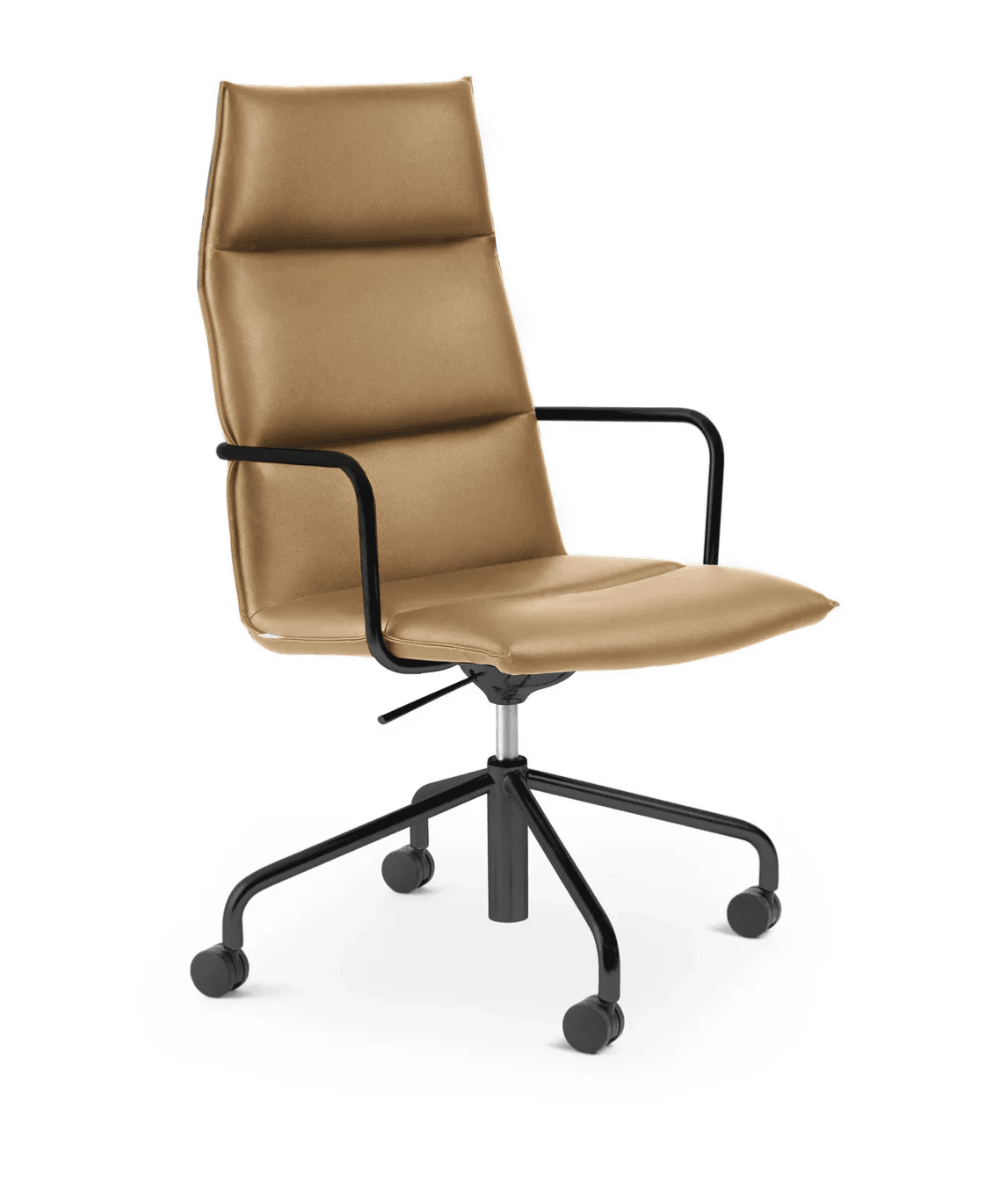 A high-back office chair upholstered in tan material, likely faux leather, featuring three horizontal padded sections on the backrest. It has slender black metal armrests with a slight curve. The chair is supported by a black five-star swivel base with dual-wheel casters, and includes a height adjustment lever visible beneath the seat. — 3D model
