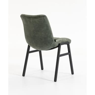 A contemporary dining chair featuring a padded, curved backrest upholstered in a dark green, textured fabric. The chair's frame consists of slender, black-finished metal legs, providing a minimalist and sturdy foundation. The image captures the chair from the rear, highlighting the seamless transition from the upholstered back to the leg structure. The clean lines and monochromatic palette suggest a modern aesthetic suitable for various interior designs. — 3D model