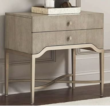 A two-drawer nightstand with a light wood grain finish on the drawers and a metallic base. The base consists of four legs connected by an arched, intersecting support structure. — 3D model