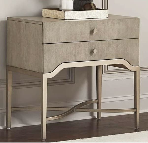 A two-drawer nightstand with a light wood grain finish on the drawers and a metallic base. The base consists of four legs connected by an arched, intersecting support structure. — 3D model
