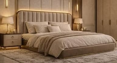 A modern upholstered platform bed featuring a tall, rectangular headboard with vertical channel tufting. The headboard and bed frame are covered in a light beige or taupe fabric. A sleek, golden-finished metal frame outlines the headboard and sides of the bed, providing a luxurious accent. The bed is furnished with a mattress, pillows, and a duvet in coordinating neutral tones. — 3D model