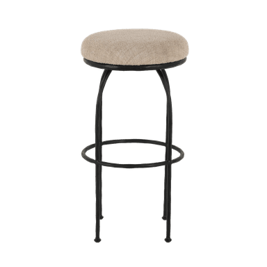 A tall bar stool featuring a round, upholstered beige fabric seat and a black wrought iron frame with an integrated circular footrest. — 3D model
