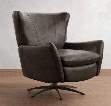 A dark brown leather armchair with a high back and integrated armrests. The chair is mounted on a brushed metal swivel base with four splayed legs, providing a rotational capability. — 3D model