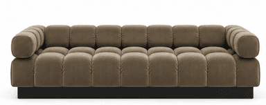 A modern, low-profile sofa featuring distinct channel tufting in a soft, plush velvet fabric. The entire seating area, including the backrest and arms, is composed of rounded, plush, individual-looking segments, creating a cloud-like appearance. It rests on a dark, recessed plinth base, giving it a floating effect. — 3D model