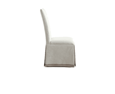 A fully upholstered dining chair featuring a removable slipcover in a light, neutral-toned fabric. The slipcover extends to the floor, forming a pleated skirt around the base, and is accented with a horizontal striped detail near the hem. The chair has a clean, somewhat tall backrest and a comfortable, cushioned seat, presenting a relaxed yet refined aesthetic. — 3D model