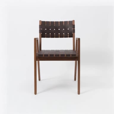 A modern armchair with a wooden frame and woven leather seat and backrest. The frame has clean lines and tapered legs. The seat and backrest are constructed from dark brown leather straps interlaced to form a supportive surface. — 3D model