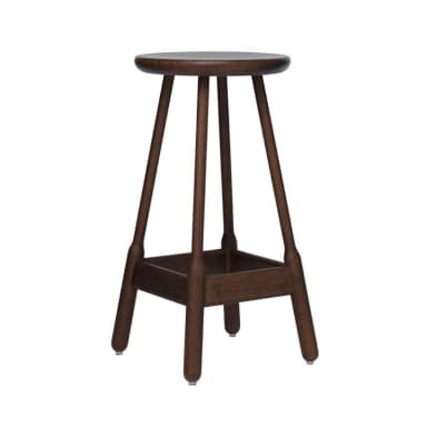 A dark wood stool with a circular seat and four tapered legs connected by a lower shelf. The legs are angled outwards and connected to the seat by a central support structure. The seat has a slightly rounded edge and a smooth finish. The lower shelf is rectangular and also made of wood. — 3D model