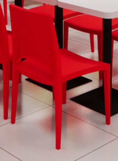A single red monobloc side chair, made entirely from injection-molded plastic, featuring a minimalist design with a gently curved backrest and tapered legs. — 3D model