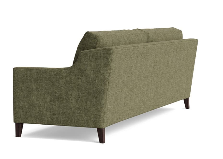 A contemporary three-seater sofa upholstered in a textured olive green fabric, featuring clean lines, track arms, and dark wooden tapered legs. — 3D model