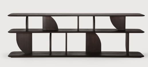 A contemporary three-tiered bookshelf made of dark-stained wood, featuring a long, low profile with an open, geometric design. It has alternating vertical and curved (quarter-circle) dividers supporting the shelves, creating various storage and display compartments. — 3D model