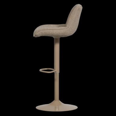 A contemporary bar stool featuring a comfortable upholstered seat and backrest, mounted on a sleek metal pedestal base with an integrated footrest and swivel mechanism. — 3D model