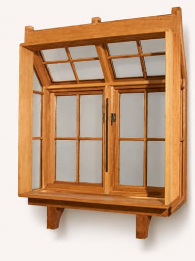 A wooden display cabinet featuring an angled, multi-paneled top section and a double-door lower section with glass panes and dark metal handles. It has a projecting shelf at the base, supported by two corbels. — 3D model