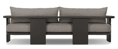 A two-seater outdoor loveseat with a dark grey metal frame and light grey fabric cushions. — 3D model