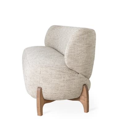 A modern sofa with a curved, organic form. It features a high, rounded back that extends to the sides, and a deep, cushioned seat. The sofa is upholstered in a light-colored, textured fabric and is supported by four simple wooden legs with a natural finish. The design emphasizes comfort and a contemporary aesthetic. — 3D model