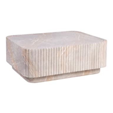 A low, rectangular coffee table crafted entirely from natural marble. The main body of the table features vertical fluting, creating a textural and sculptural appearance, while the top surface is smooth with gently rounded corners. It rests on a slightly recessed, solid plinth base made from matching marble, giving it a substantial and grounded profile. The marble displays natural veining in shades of beige and cream. — 3D model