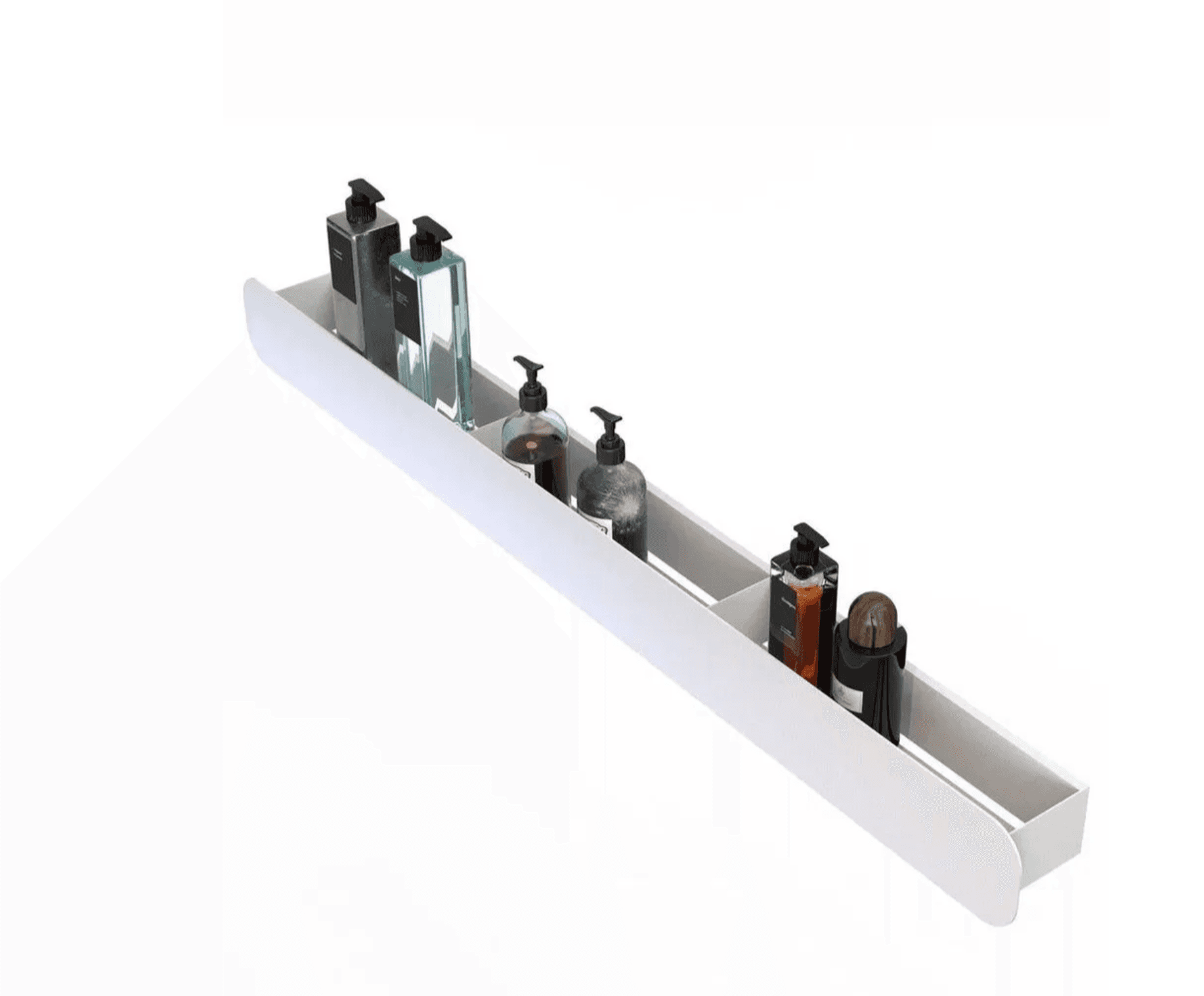 A sleek, modern, white wall-mounted shelf, specifically designed for holding bath or shower products. It features a raised front edge to prevent items from falling and a minimalist design. — 3D model