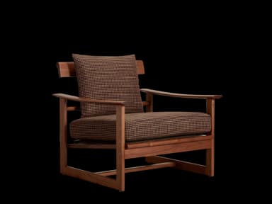 A wooden armchair with upholstered cushions. The frame is constructed from dark wood, likely walnut or a similar hardwood, featuring clean lines and a minimalist design. The seat and back cushions are upholstered in a patterned fabric, appearing to be a houndstooth or similar small-scale check in brown and black tones. The arms are curved and integrated into the wooden frame. — 3D model