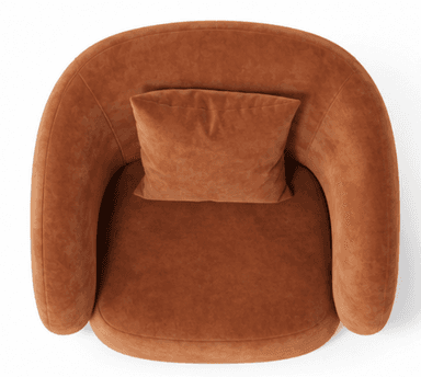 A contemporary, rounded accent chair upholstered in a rust-colored velvet fabric, featuring a barrel-shaped body and a small, loose back cushion at the top. — 3D model