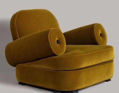 A compact, rounded armchair upholstered in a mustard-yellow velvet fabric. The armchair features a high, curved backrest that seamlessly transitions into padded armrests. The seat is low and broad, with a plain upholstered base. The overall design is plush and inviting, with a visible seam line indicating the upholstery construction. — 3D model