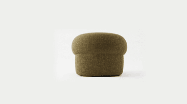 A modern lounge chair featuring a distinctive rounded and plush form, upholstered in a textured olive green fabric, with elegant dark wood panels integrated into the lower sides. — 3D model