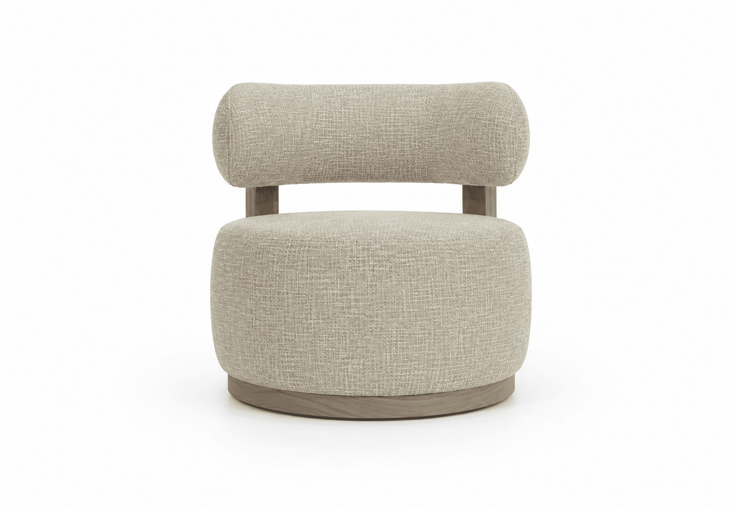 A contemporary low-profile swivel accent chair featuring a round, plush upholstered seat and a separate, cylindrical backrest. Both are covered in a light beige, textured fabric. The backrest is supported by two exposed vertical wooden uprights, and the entire seating unit rests on a flat, round wooden base, indicating a swivel mechanism. — 3D model