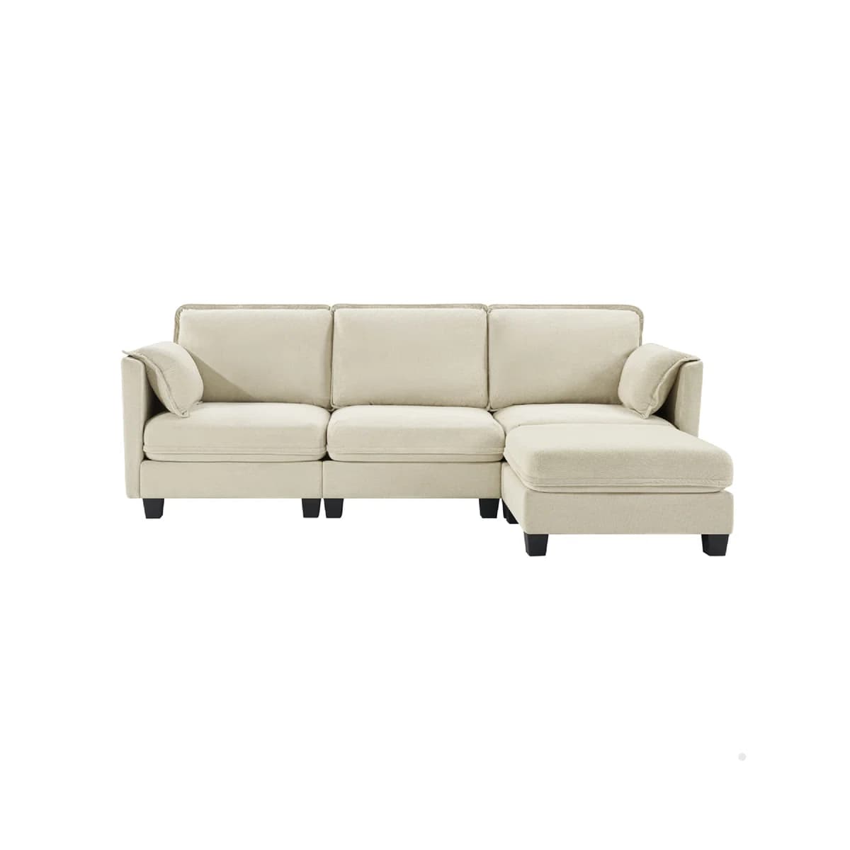 A modern sectional sofa upholstered in light beige fabric, featuring a left-hand facing chaise. The sofa has three individual seat cushions and three back cushions with welt cord trim, and includes a small accent pillow on the left armrest. It is supported by dark, low-profile, tapered block feet. — 3D model