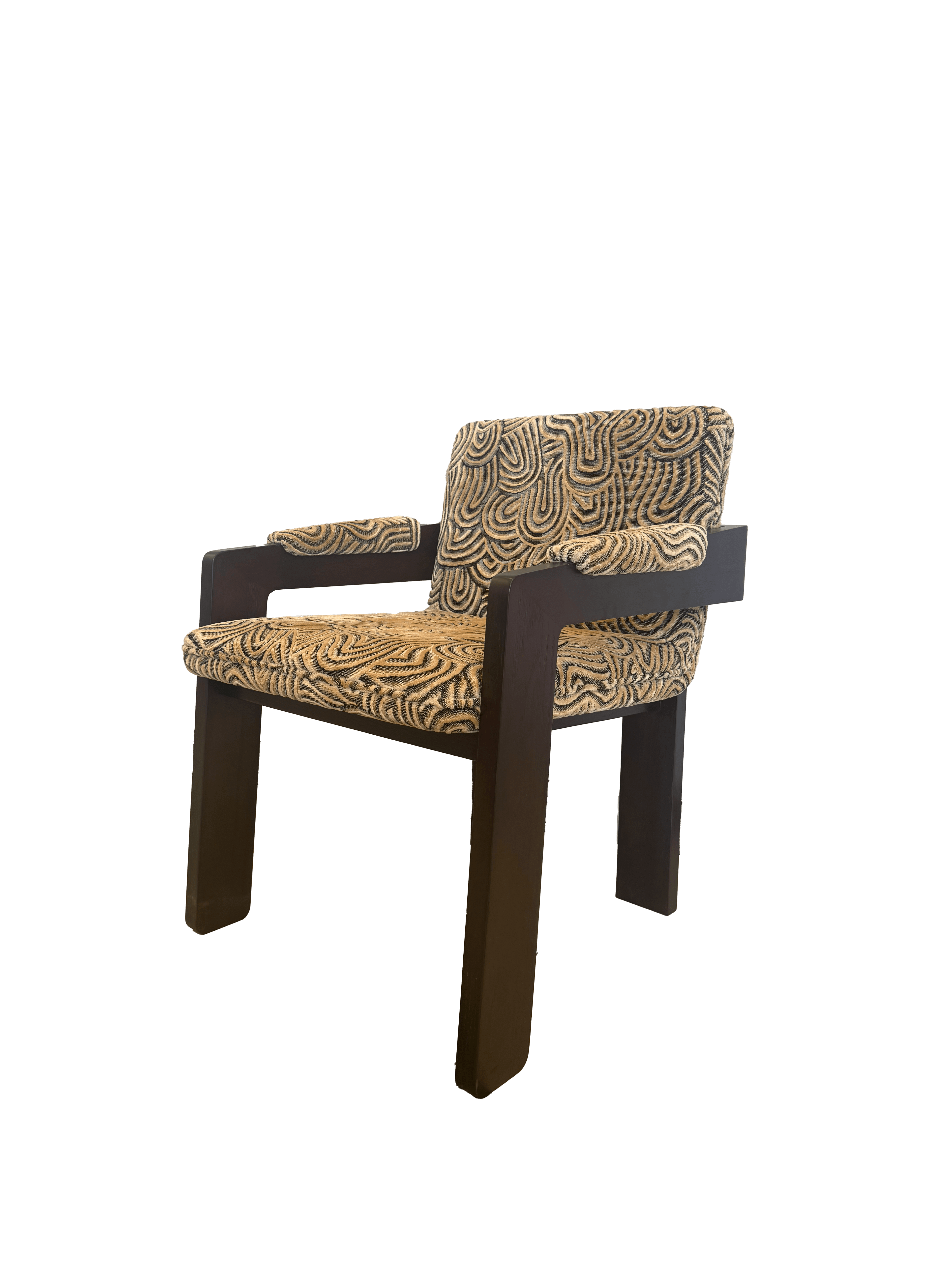 A dark wood armchair with a upholstered seat, back, and armrests. The upholstery features a bold, repeating pattern in shades of gold and black. The armchair has a modern, geometric design with blocky legs and arms. — 3D model