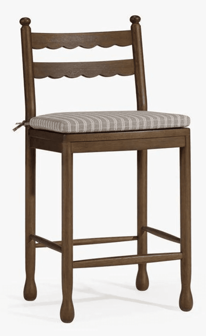 A wooden bar stool with a cushioned seat and two vertical back supports. The seat has a striped fabric pattern. The legs are connected by stretchers for stability. — 3D model