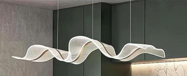 A long, linear suspension light characterized by a flowing, wavy ribbon-like form. It features integrated LED lighting along its edges and a metallic, gold-toned accent stripe running along its length, suspended by thin wires. — 3D model