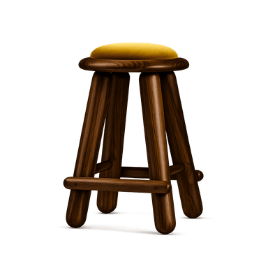 A modern stool with a round, upholstered seat and a wooden base. The base consists of three legs connected by a lower horizontal support. The legs are cylindrical and tapered towards the bottom, and the seat cushion appears to be made of velvet fabric. — 3D model