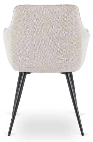 A contemporary dining chair featuring a light-colored, textured fabric upholstery and slender black metal legs. The chair has a gently curved backrest that seamlessly integrates into subtle armrests, forming a bucket-style seat. The visible texture of the fabric appears to be a knit or woven pattern, providing a soft aesthetic contrast to the minimalist metal base. The legs are splayed for stability and extend downwards in a clean, tapered profile. — 3D model