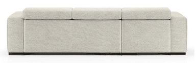A modern sectional sofa with a chaise lounge. The sofa features a light grey, textured fabric upholstery and adjustable headrests. The design is modular, with distinct sections creating a contemporary aesthetic. It has a low profile with a dark base. — 3D model