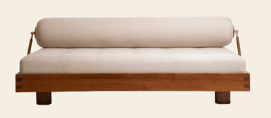 A modern daybed with a wooden frame and upholstered cushions. The frame appears to be made of rich-toned wood with visible joinery details. It features a flat, tufted seat cushion and a long, cylindrical bolster pillow at the back, held in place by wooden arms with brass fittings. The design suggests a minimalist yet elegant aesthetic. — 3D model